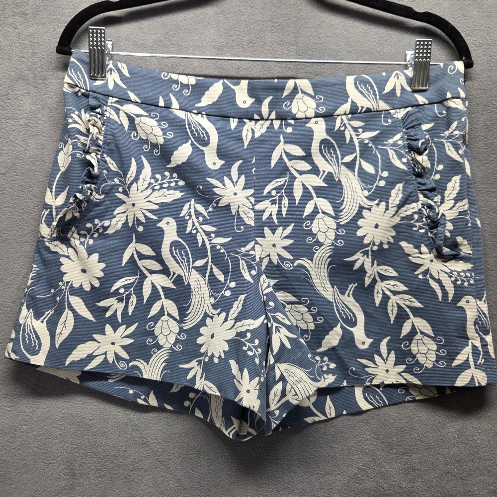 LOFT Bird Floral Ruffle Pocket Shorts 2 Blue White Cotton Blend Chino Beach NWOT
